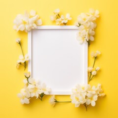 Creative spring frame of fresh flower and leaves. Copy, empty space. Yellow background, flat background. Floral colorful decoration. Illustration, Generative AI.