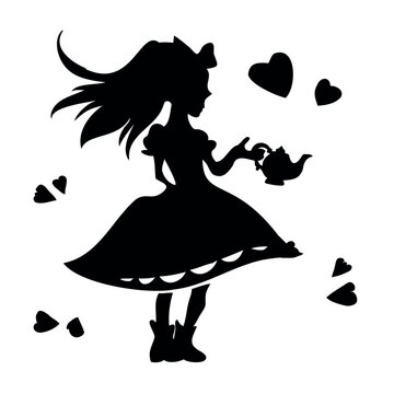 Silhouette of a girl from the fairy tale Alice in Wonderland, vector drawing on a transparent background