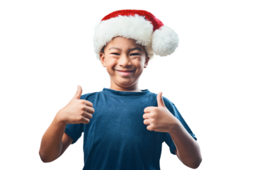 Happy boy, portrait smile and Christmas with thumbs up for success isolated on a transparent PNG background. Face of child, kid or teen smiling with thumb emoji, yes sign or like and festive hat