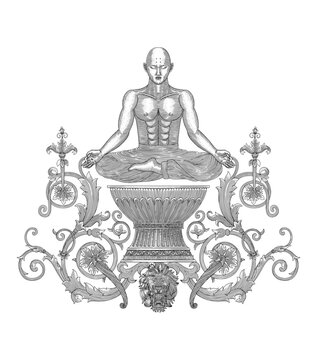 Buddhist monk meditation on antique vase with floral ornamental and lion. vintage engraving drawing style illustration