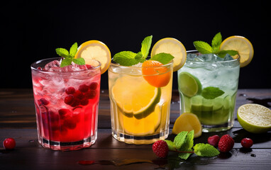 Fresh cocktails with ice lemon lime and fruits