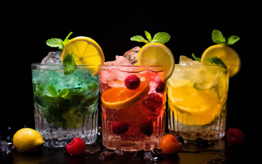 Fresh cocktails with ice lemon lime and fruits