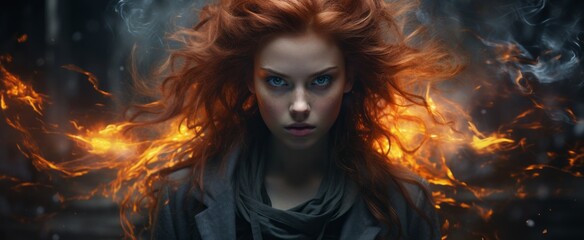 Witch young woman with red hair on fire
