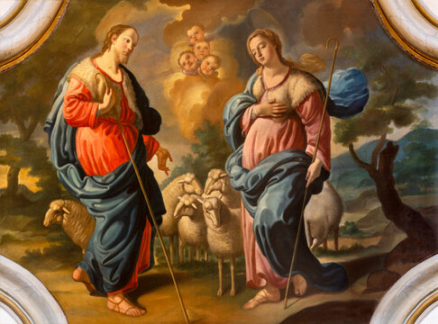NAPLES, ITALY - APRIL 20, 2023: The painting of Christ and  "Divina Pastora" in the church Chiesa di Santa Caterina a Chiaia by unknown artist of 18. cent.