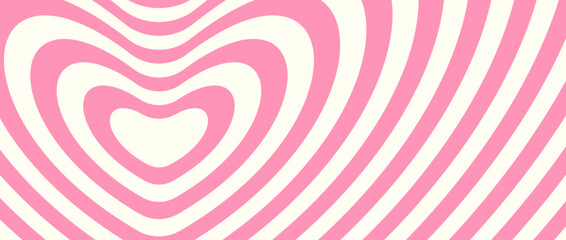 Abstract hypnotic heart background. Valentines optical illusion pattern. Pink heart-shaped op art design for poster, banner, template. Vector horizontal illustration wallpaper
