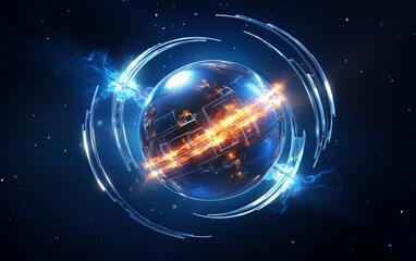 Obraz premium Glowing spaceship orbits sphere in deep space