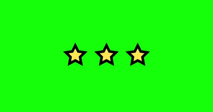 Three Stars Rating animation. Set of Stars. Three Star Rating on green Background. Product Quality, Feedback, Customer review