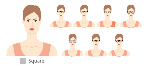 Fototapeta premium Set of types of glasses for Women square type faces fashion accessory illustration. Sunglass front view unisex silhouette style, flat rim spectacles eyeglasses, lens sketch style outline isolated