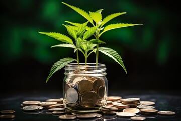 Fototapeta na wymiar Marijuana Plant Growing In Savings Coins - Investment And Interest Concep | Generative AI