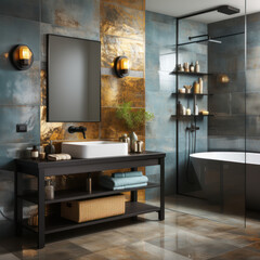  Modern bathroom interior in beige and stone color
