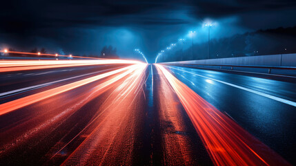 Fototapeta premium Long-exposure photography of a road at night in the city. Generative AI
