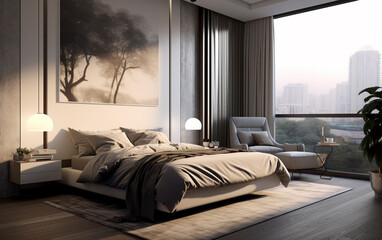 Modern apartment bedroom comfortable bed near window