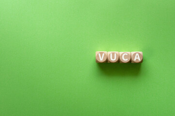 There is wood cube with the word VUCA. It is as an eye-catching image.