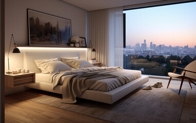 Modern apartment bedroom comfortable bed near window