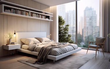 Modern apartment bedroom comfortable bed near window