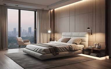 Modern apartment bedroom comfortable bed near window