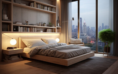 Modern apartment bedroom comfortable bed near window