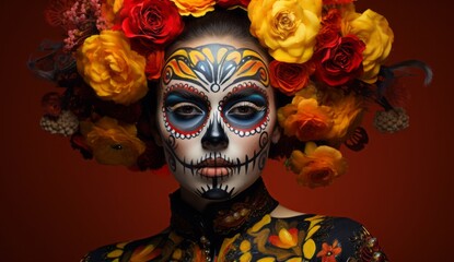 Woman in sugar skull style makeup and flowers