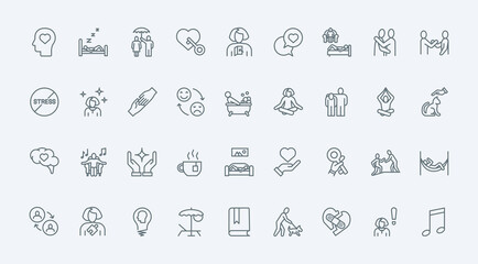 Help and support in stress, wellbeing thin line icons set vector illustration. Symbols of self mind hygiene and mental health to heal stress problems and depression, psychology assistance and therapy