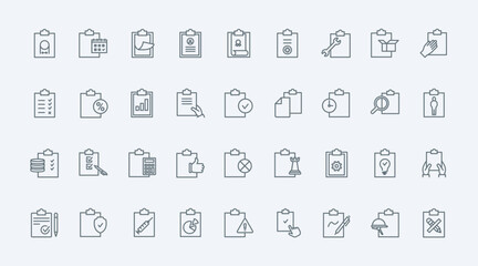 Documents on clipboards, thin line icons set vector illustration. Outline task list and medical form, approved work project with tick, data record with pencil or pen, test questionnaire and contract