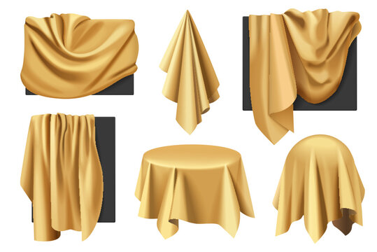 Gold covers of objects with drapery set vector illustration. 3D realistic isolated hidden presentation with golden silk or satin cloth on black sheet of rectangular, square, sphere and round table
