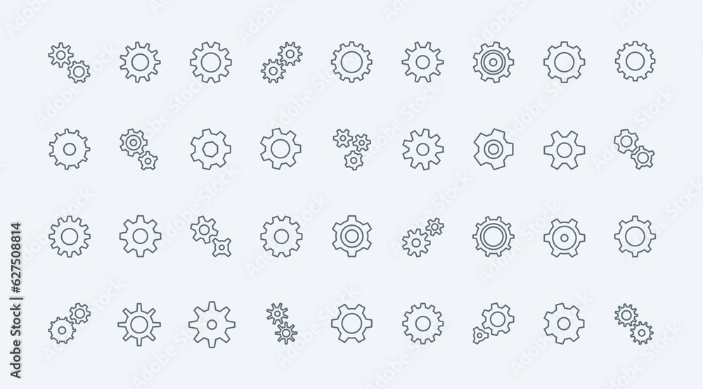 Poster Gears and cogwheels thin line icons set vector illustration. symbols of circle transmission gears for factory machinery and machine engine, bike and clock sprocket, teamwork progress and setting signs