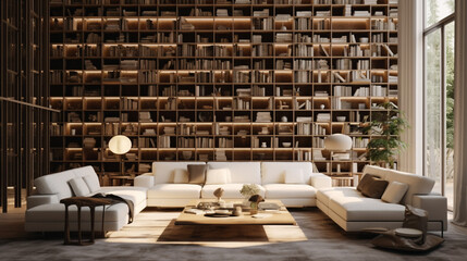 Luxury library, large, spacious, illuminated, minimalist and elegant. Walls full of books, wide spaces and large windows. Relaxing spaces.