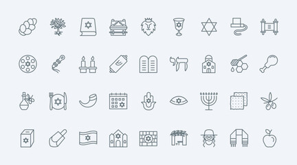 Judaism thin black line icons set vector illustration. Outline Israel religion symbols with Hanukkah and Jewish synagogue, Star of David and Torah scroll, rabbi and challah bread, hamsa and dreidel