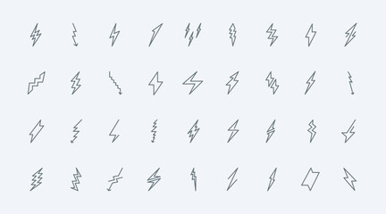 Lightning bolts thin line icons set vector illustration. Outline symbols of electric energy and power, electricity danger with different thunderbolts, simple web signs and arrows of zigzag shape - obrazy, fototapety, plakaty