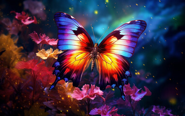Fototapeta na wymiar Multi colored butterfly flies among vibrant nature beauty