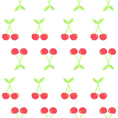 Summer seamless pattern with cherry with leaves. Sweet colorful red berries on white background. For wrapping paper, fabric, background design. Children clothes, pajamas textile 