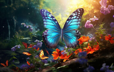 Obraz na płótnie Canvas Multi colored butterfly flies among vibrant nature beauty