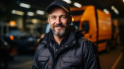 Fototapeta premium truck driver stand in front of the vehicle happy smile confident