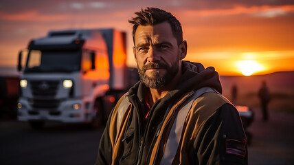 truck driver stand in front of the vehicle happy smile confident