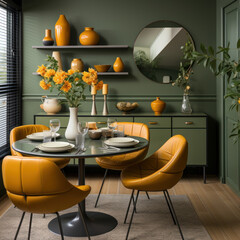 Art deco style dining room interior in olive
