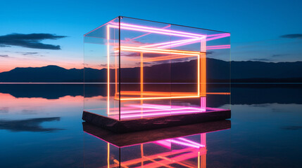 Avant-garde geometric glass and iridescent architecture in the middle of a lake at sunset.