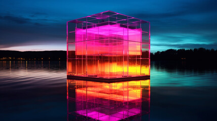 Avant-garde geometric glass and iridescent architecture in the middle of a lake at sunset.