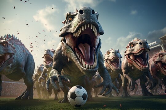 3d render of a fun-filled image of dinosaurs competing in soccer sport event. Generative Ai