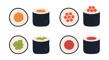 Sushi maki set. Collection of sushi rolls. Top and side view. Hand-drawn colored flat vector illustration isolated on white background.