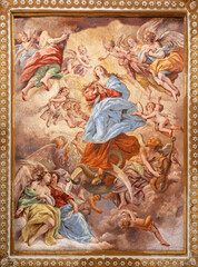 Fototapeta na wymiar NAPLES, ITALY - APRIL 20, 2023: The fresco of Glory of Immaculate in church Basilica di Santa Maria degli Angeli a Pizzofalcone by Giovan Battista Beinaschi (1668-1675).