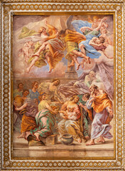 Fototapeta na wymiar NAPLES, ITALY - APRIL 20, 2023: The fresco of Nativity of Virgin Mary in church Basilica di Santa Maria degli Angeli a Pizzofalcone by Giovan Battista Beinaschi (1668-1675).