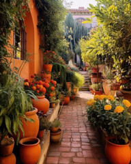 Fototapeta na wymiar a Mediterranean garden with orange and red colors 