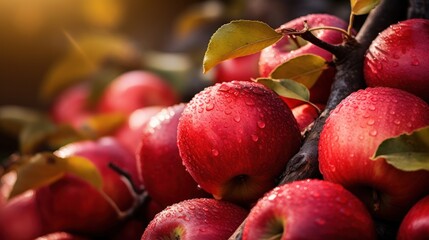 A closeup panorama apple cluster,  dew kissed, vibrant red apples clustered together, with sunlight highlighting their fresh and juicy texture amidst green leaves.