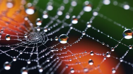Closeup of spider web with dew drops,  adorned with glistening dewdrops, capturing reflections amidst a vibrant backdrop,  glistens with captured raindrops, weaving a delicate pattern - Powered by Adobe