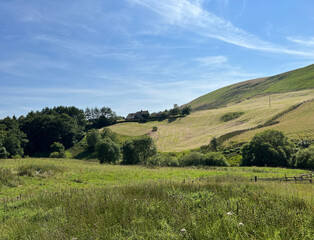 Lancashire landscape, near Rochdale Road, with wild grasses, trees, fields, hills, and a farm in, Denshaw, UK
