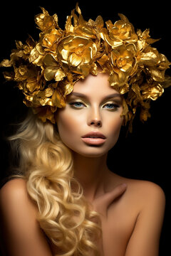 Beauty ,fantasy, woman, face in gold, paint. Golden shiny skin, Fashion, model, girl, image goddess. Glamorous, crown, wreath, roses, jewellery ,accessories. Professional, metallic, makeup. hand ,hold