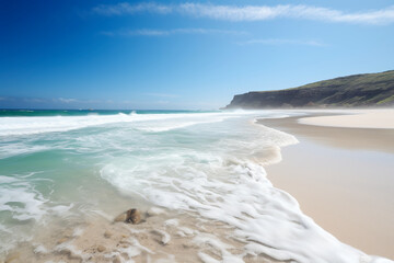 Coastal Bliss: Tranquil Seashore with Calm Blue Waters and Pristine Sands"