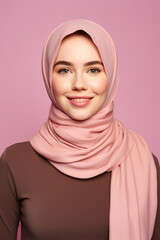 Image of happy young woman, standing, isolated, over pink, background, wearing warm scarf. Looking camera, 