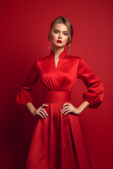 oung beautiful, slender, woman, in a fashionable, red dress, with lush sleeves. Woman posing, on a red background. Advertising, of fashionable, womens clothing, 