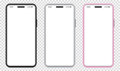 Mobile Phone With Black, Silver and Pink Colored Design.Vector smartphone mockup with frameless white screen. Isolated on transparent background.  - obrazy, fototapety, plakaty